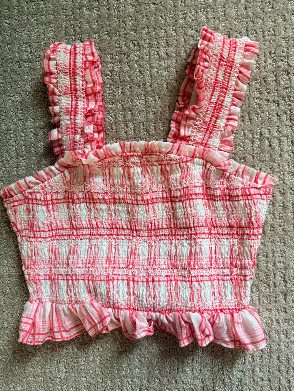 Free the Roses Smocked Ruffle Crop Top | Pink & White Plaid | XS | Boutique